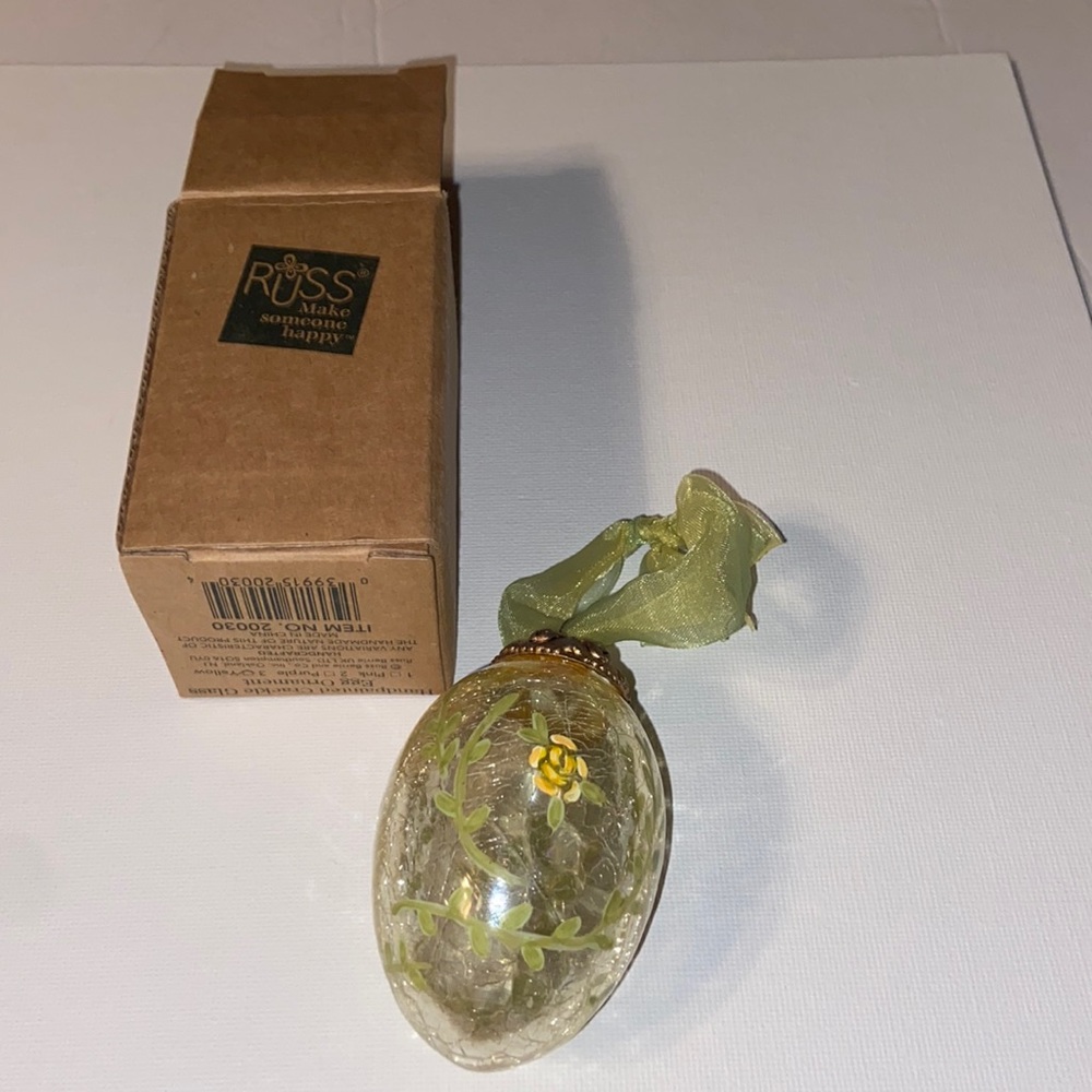 Russ Hand Painted Crackle Glass Yellow rose egg ornament with box.